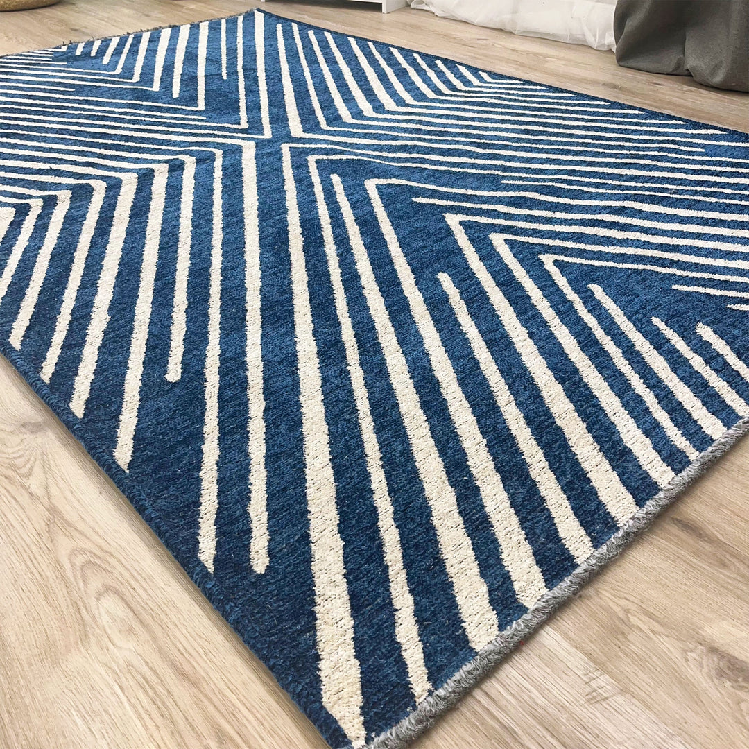 Geometric Cream Navy Blue Washable Area Rugs