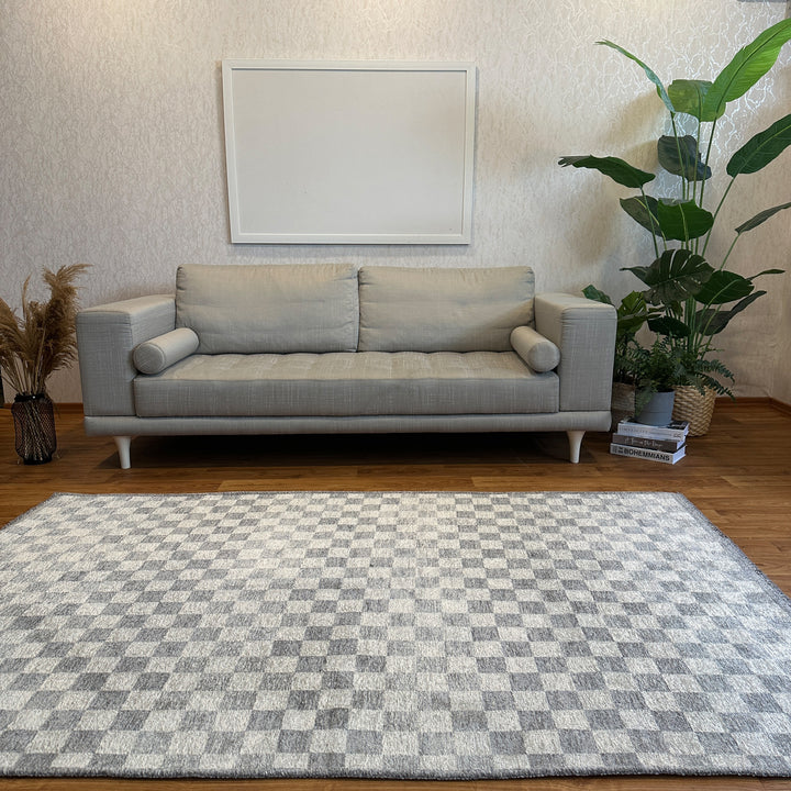 Checkered Gray White Washable Area Rugs