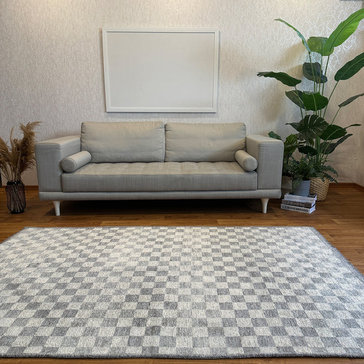 Checkered Brown Cream Washable Area Rugs