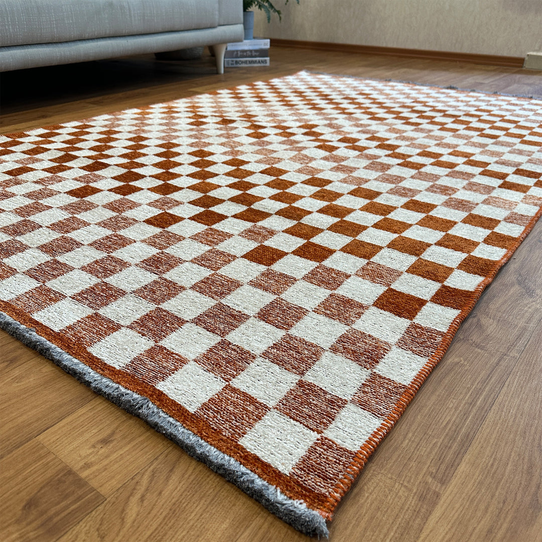 Checkered Burnt Orange Rust White Washable Area Rugs