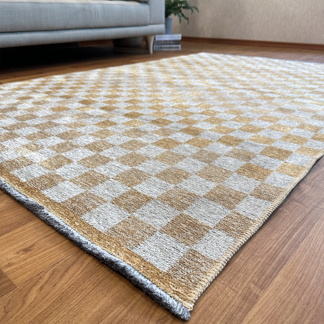 Checkered Gold Cream Washable Area Rugs