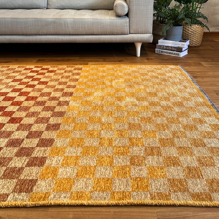 Checkered Orange Gold Cream Washable Area Rugs