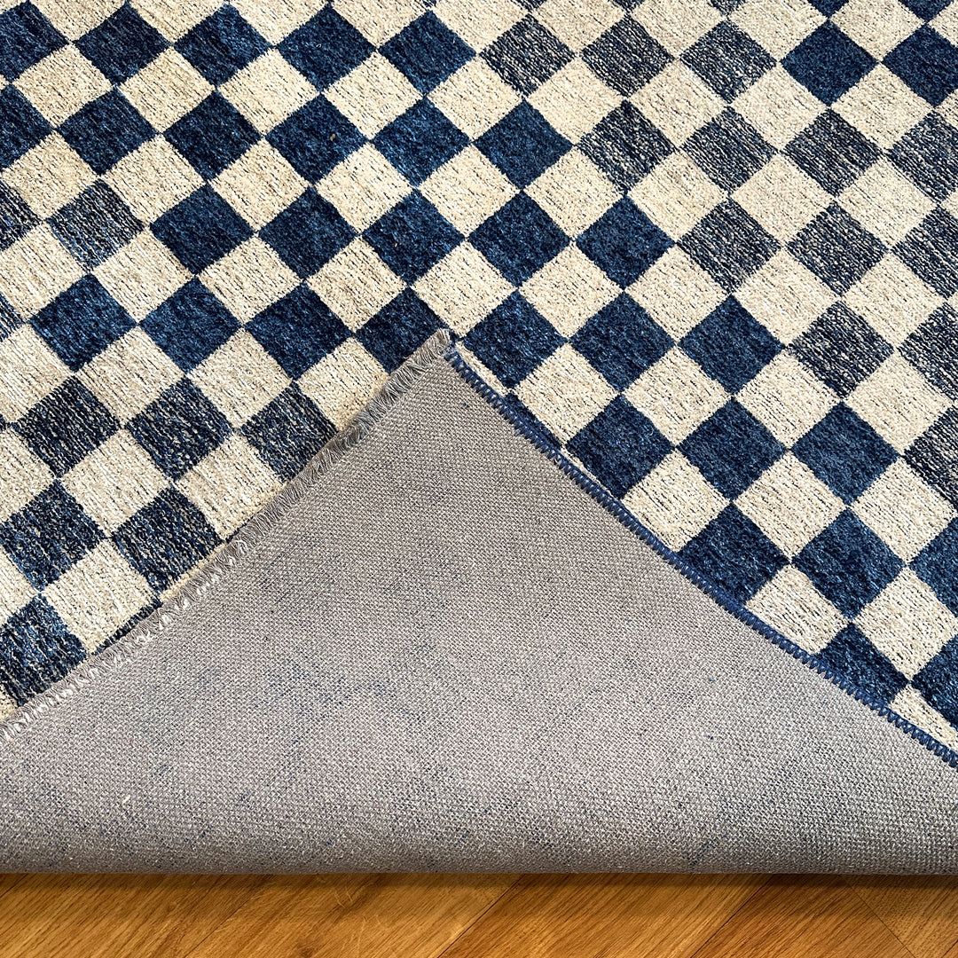 Checkered Navy Blue White Washable Area Rugs