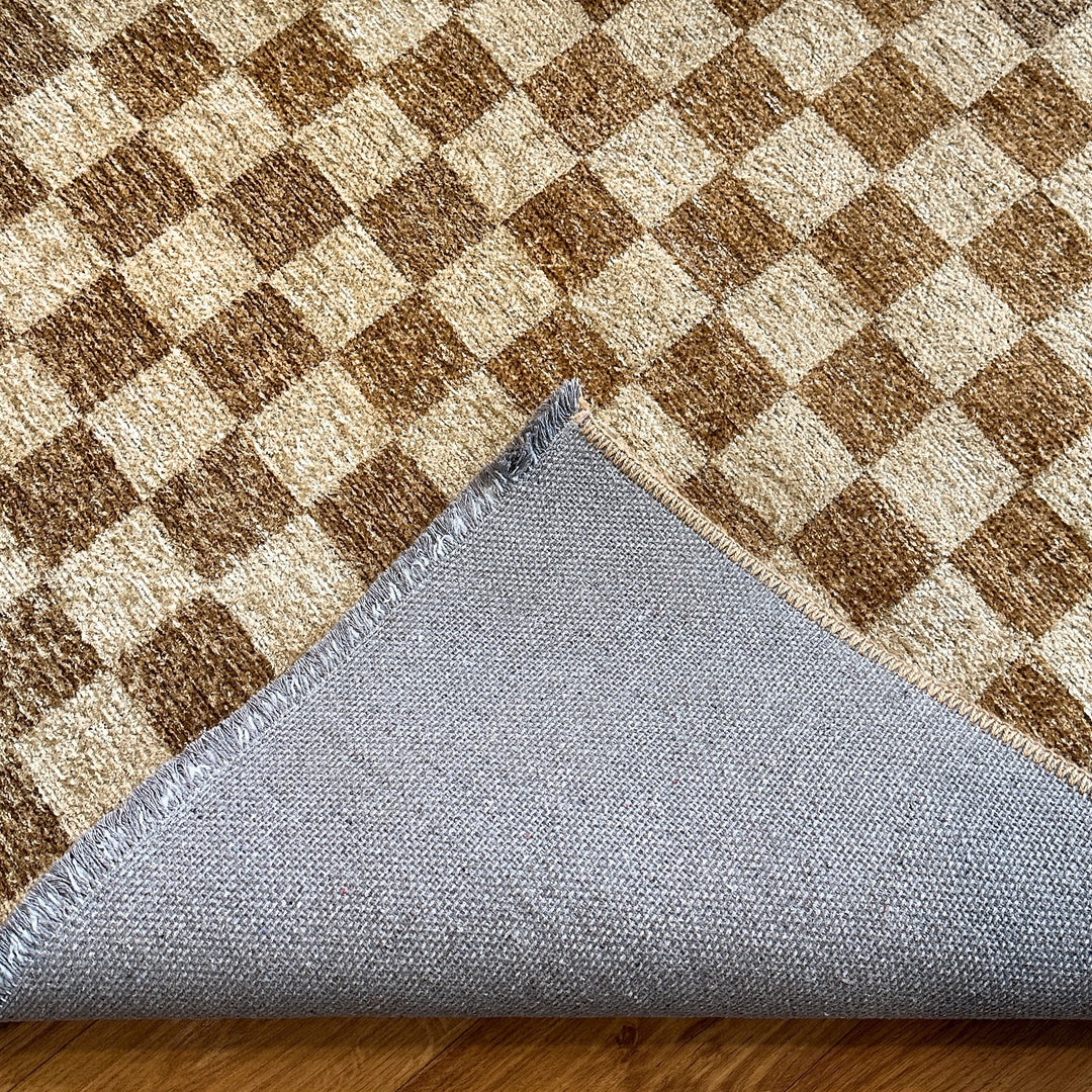 Checkered Brown Cream Washable Area Rugs