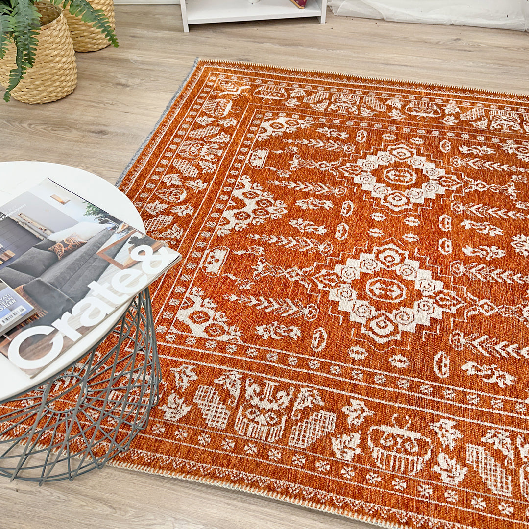 Vintage Orange Cream Washable Area Rugs