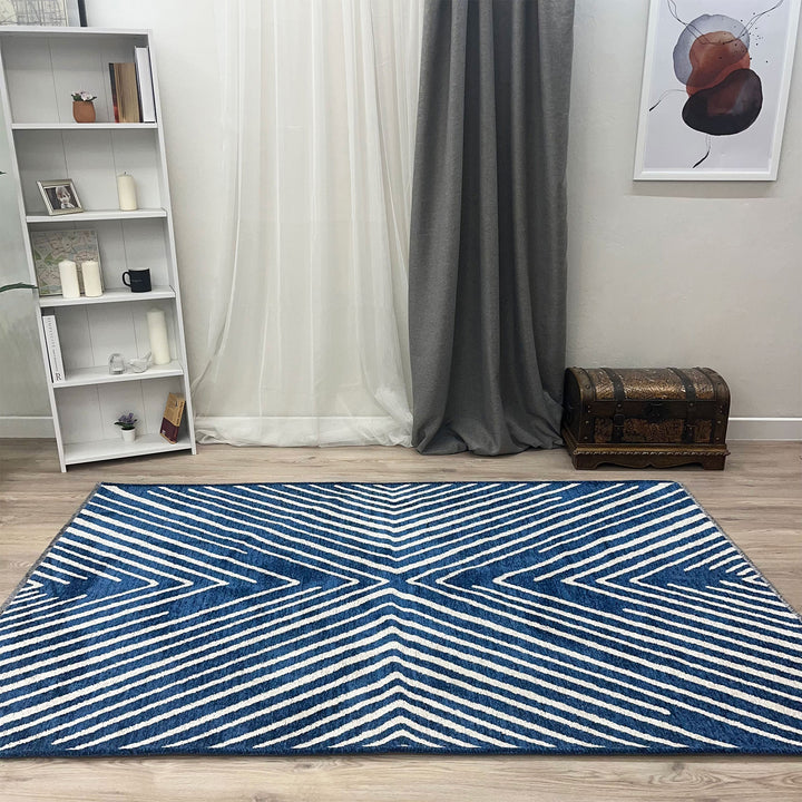 Geometric Navy Blue Cream Washable Area Rugs