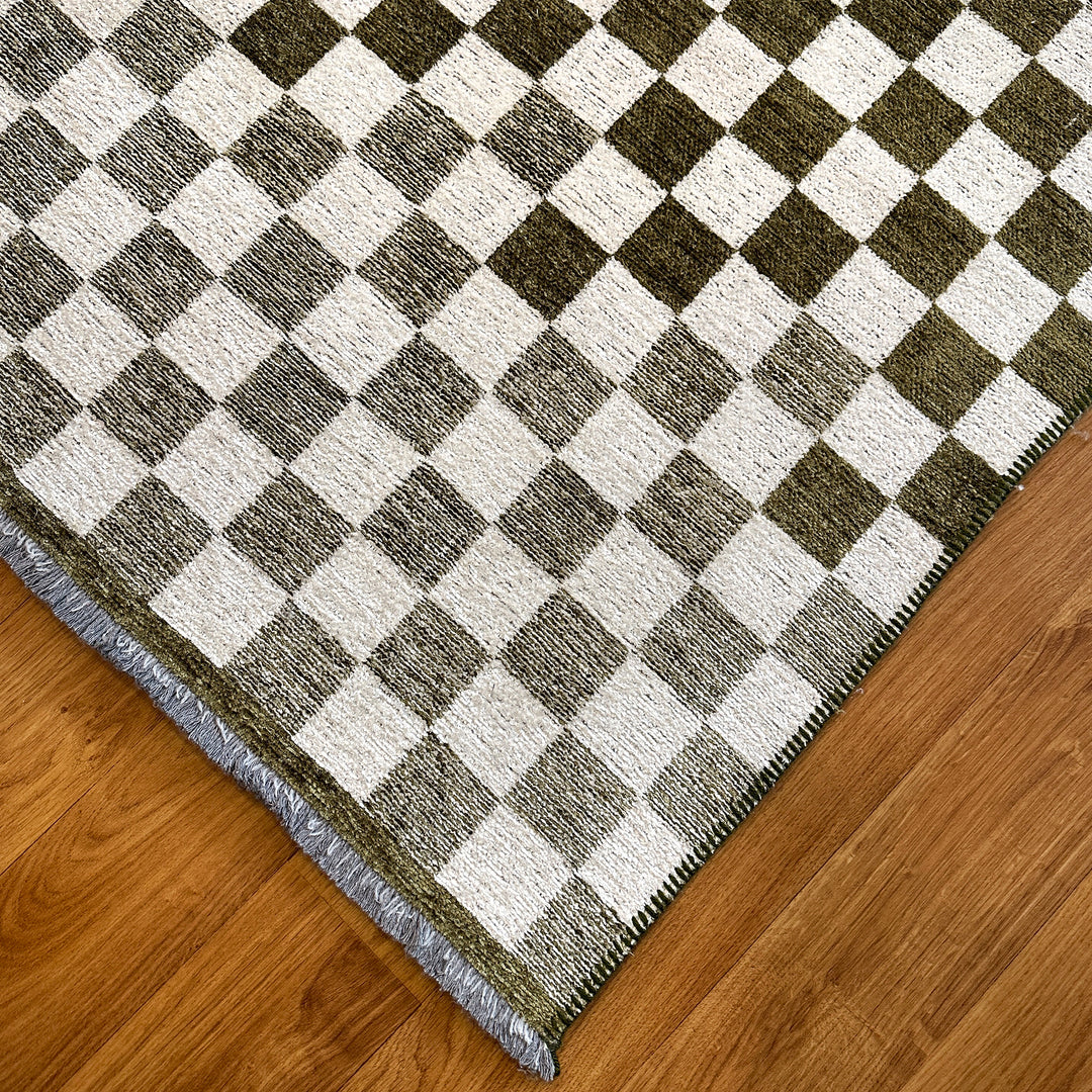 Checkered Green White Washable Area Rugs