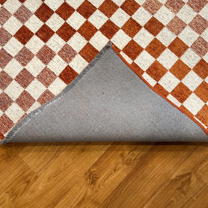 Checkered Burnt Orange Rust White Washable Area Rugs