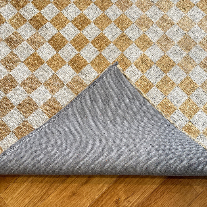 Checkered Gold Cream Washable Area Rugs