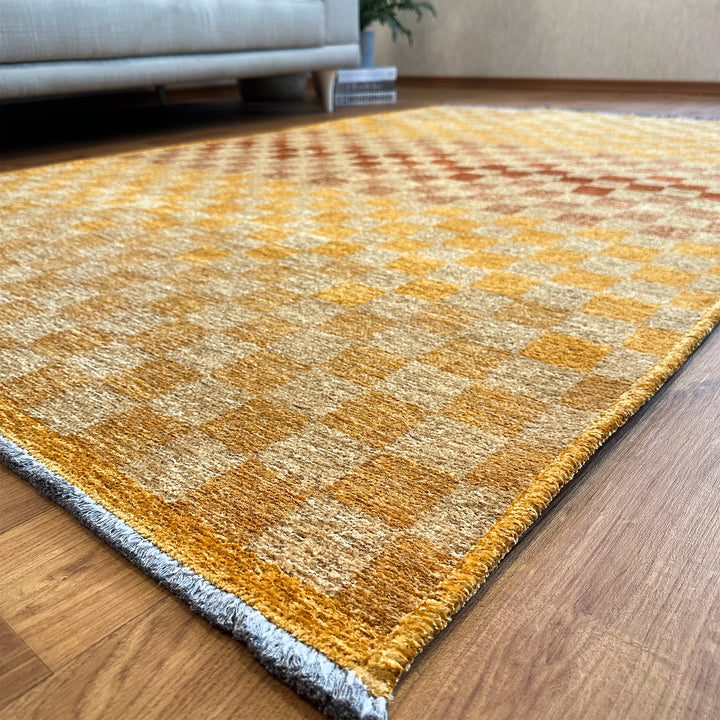 Checkered Orange Gold Cream Washable Area Rugs