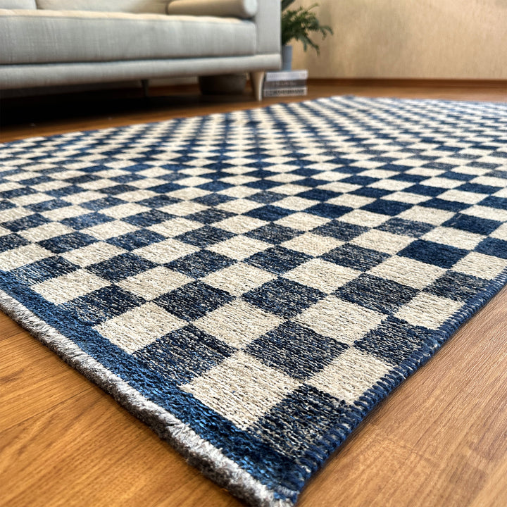 Checkered Navy Blue White Washable Area Rugs