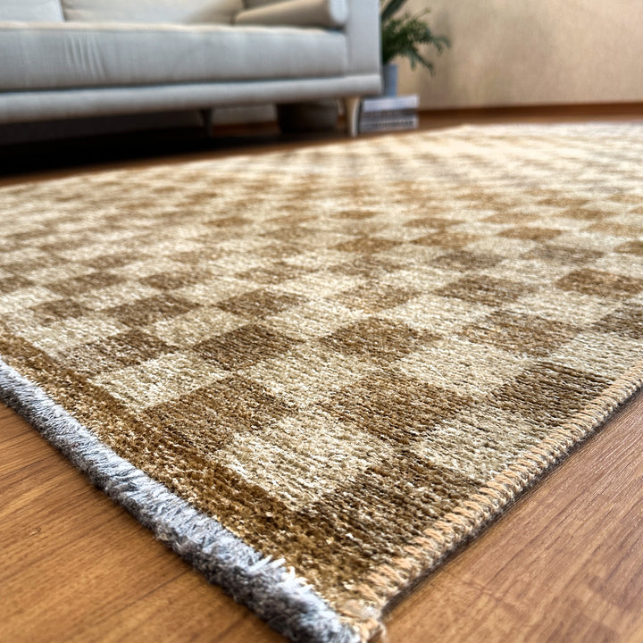 Checkered Brown Cream Washable Area Rugs