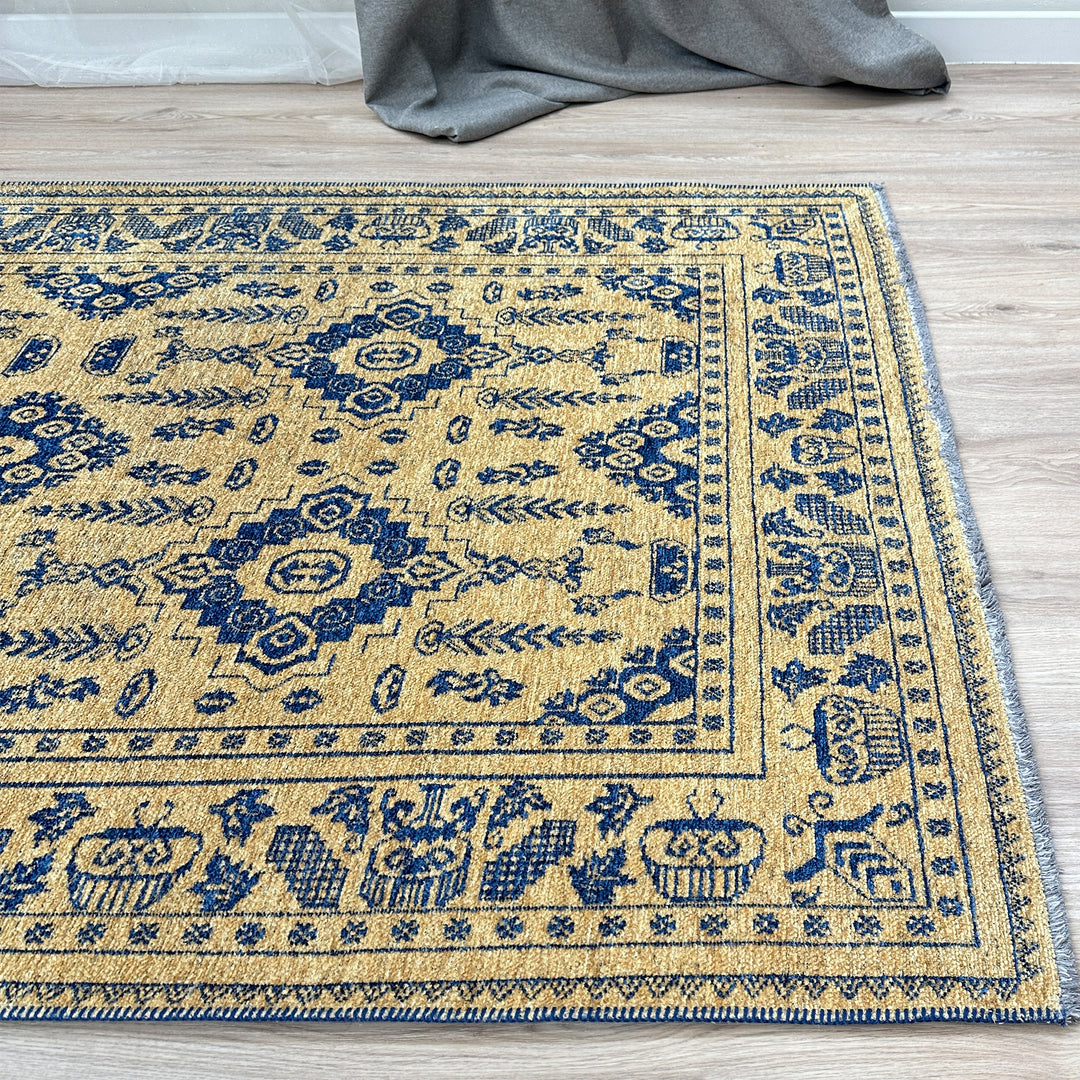 Vintage Gold Royal Blue Washable Area Rugs