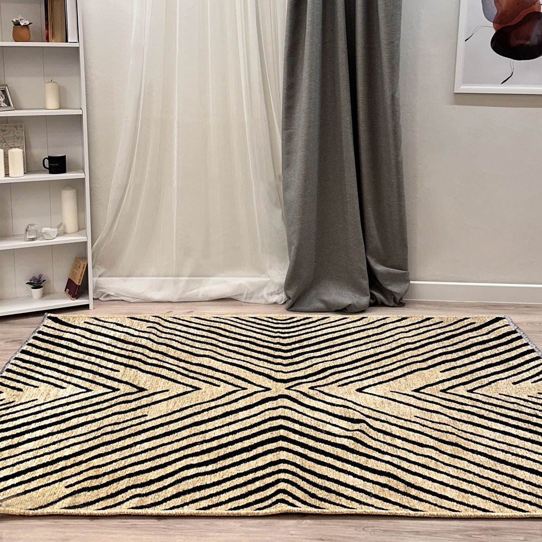 Geometric Beige Black Washable Area Rugs