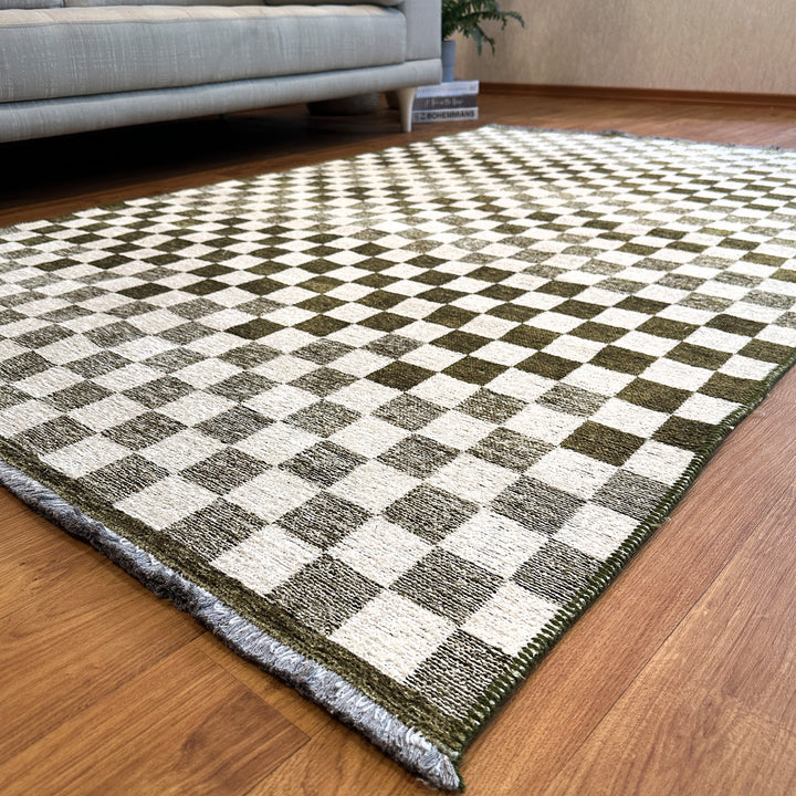 Checkered Green White Washable Area Rugs