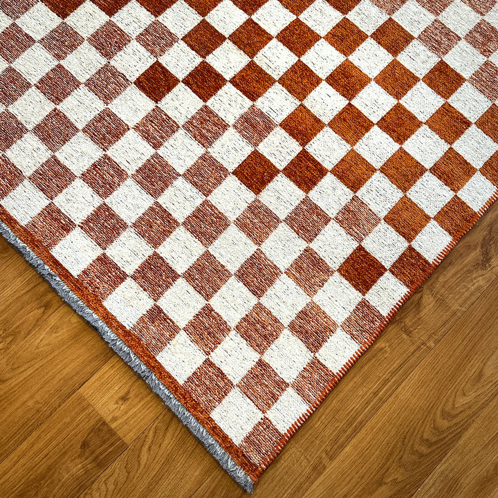 Checkered Burnt Orange Rust White Washable Area Rugs