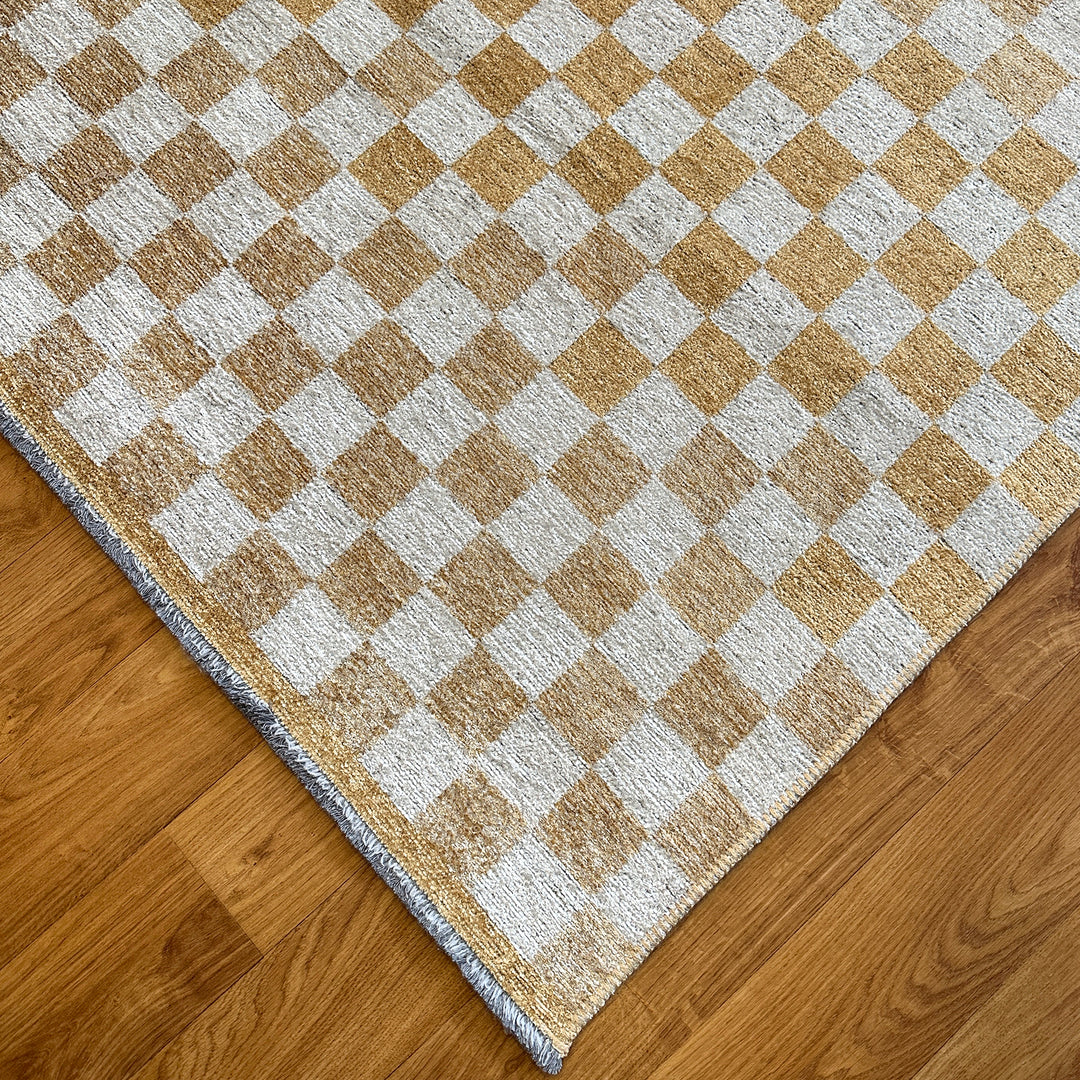 Checkered Gold Cream Washable Area Rugs