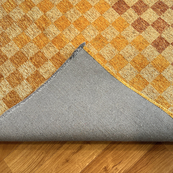 Checkered Orange Gold Cream Washable Area Rugs