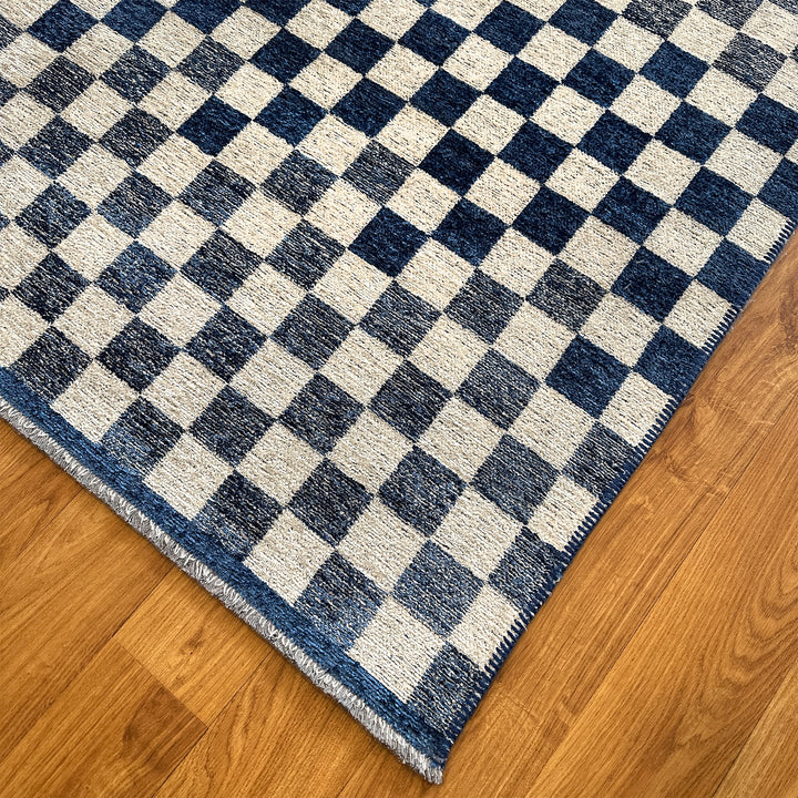 Checkered Navy Blue White Washable Area Rugs