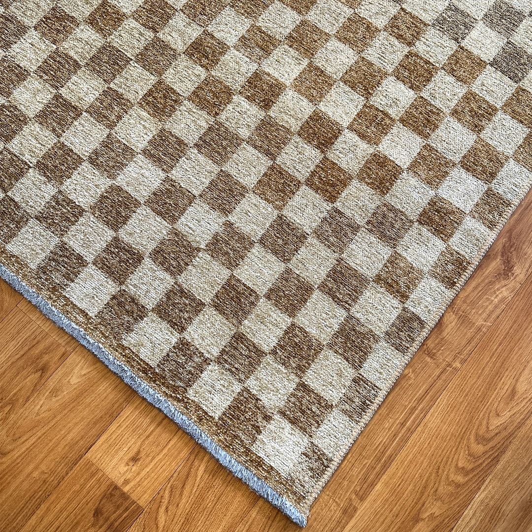 Checkered Brown Cream Washable Area Rugs