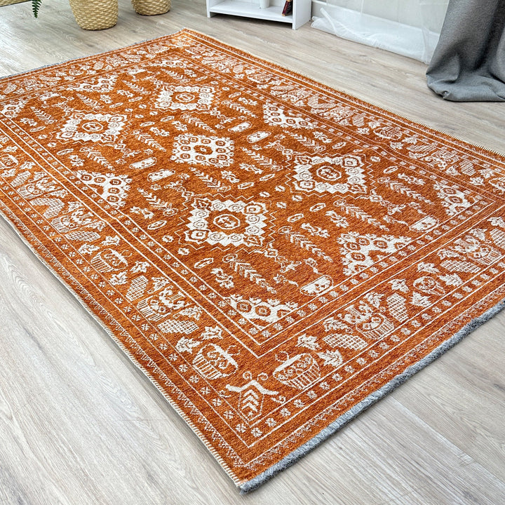 Vintage Orange Black Washable Area Rugs