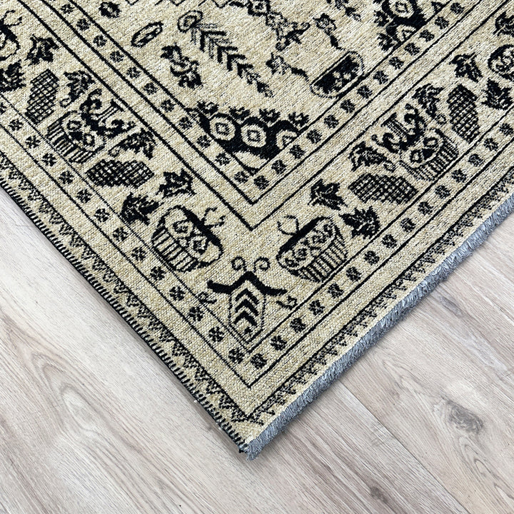 Vintage Beige Black Washable Area Rugs