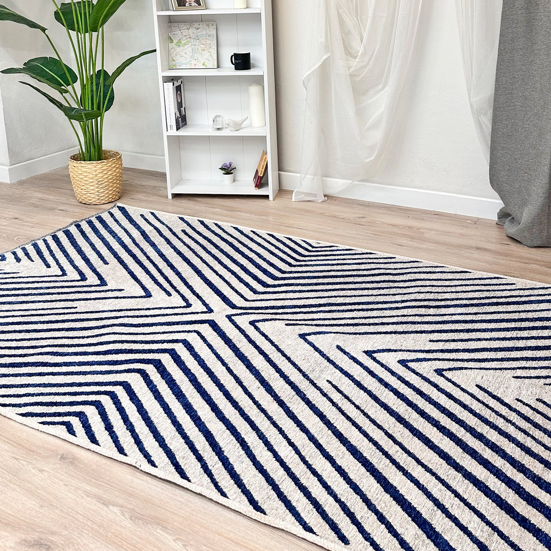 Geometric Cream Navy Blue Washable Area Rugs