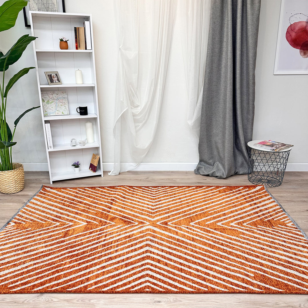 Geometric Orange Cream Washable Area Rugs