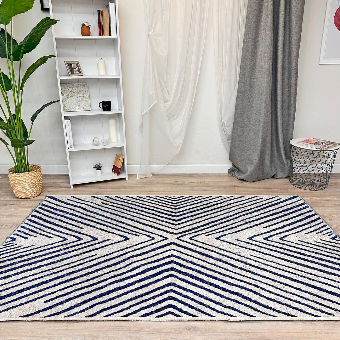 Geometric Cream Navy Blue Washable Area Rugs