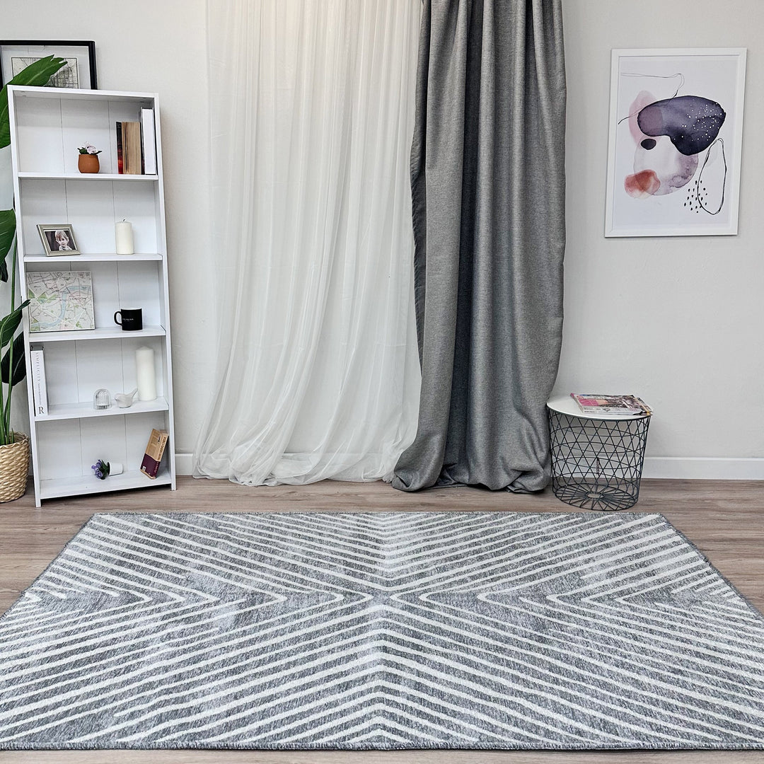 Geometric Gray Cream Washable Area Rugs