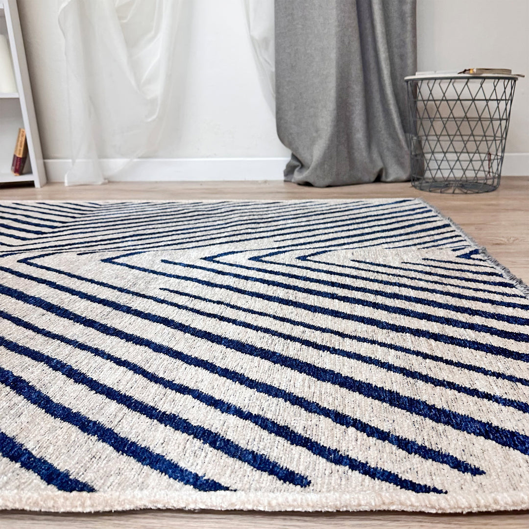 Geometric Cream Navy Blue Washable Area Rugs