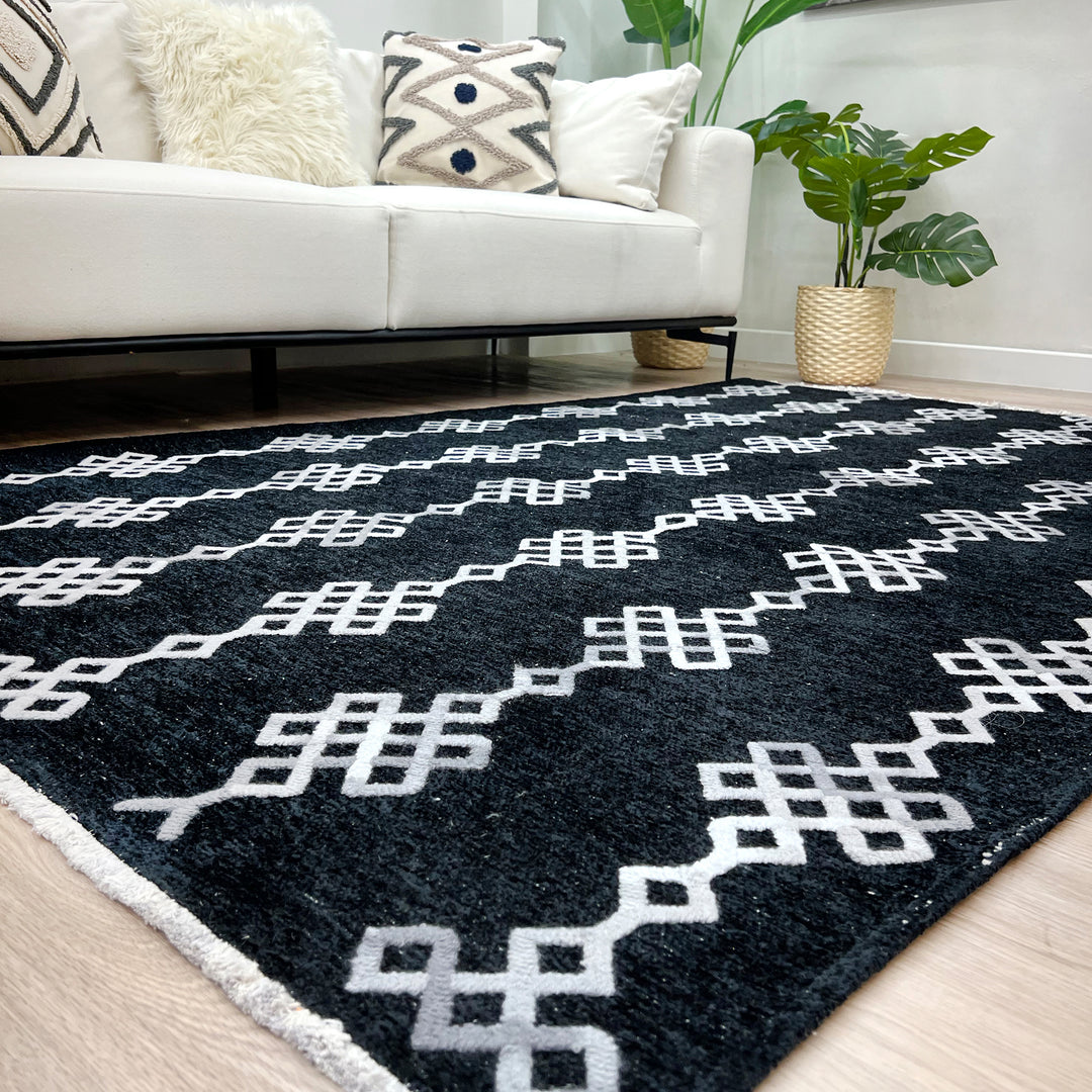 Boho Moroccan Black Washable Area Rugs