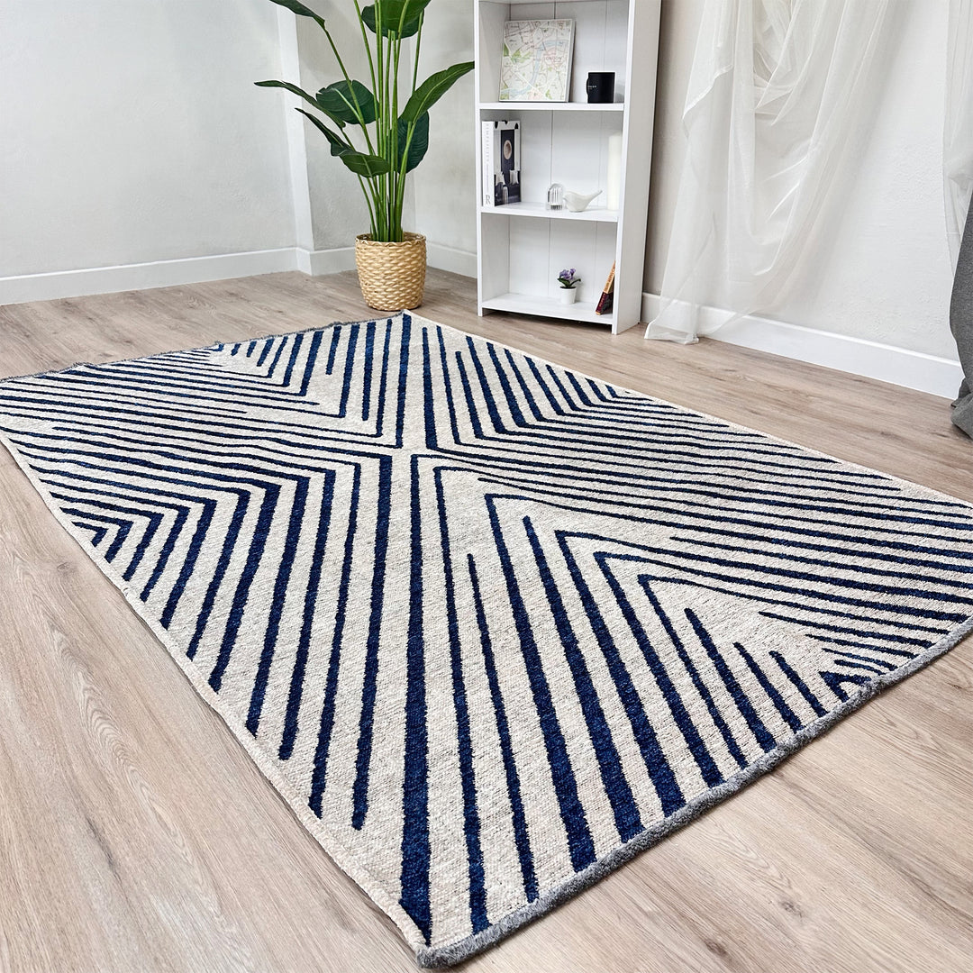 Geometric Cream Navy Blue Washable Area Rugs