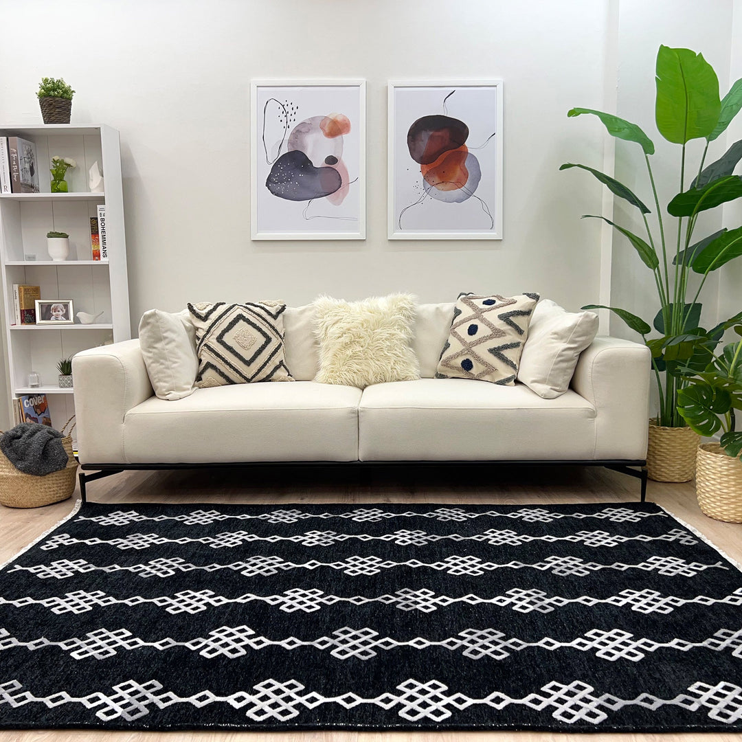 Boho Moroccan Black Washable Area Rugs