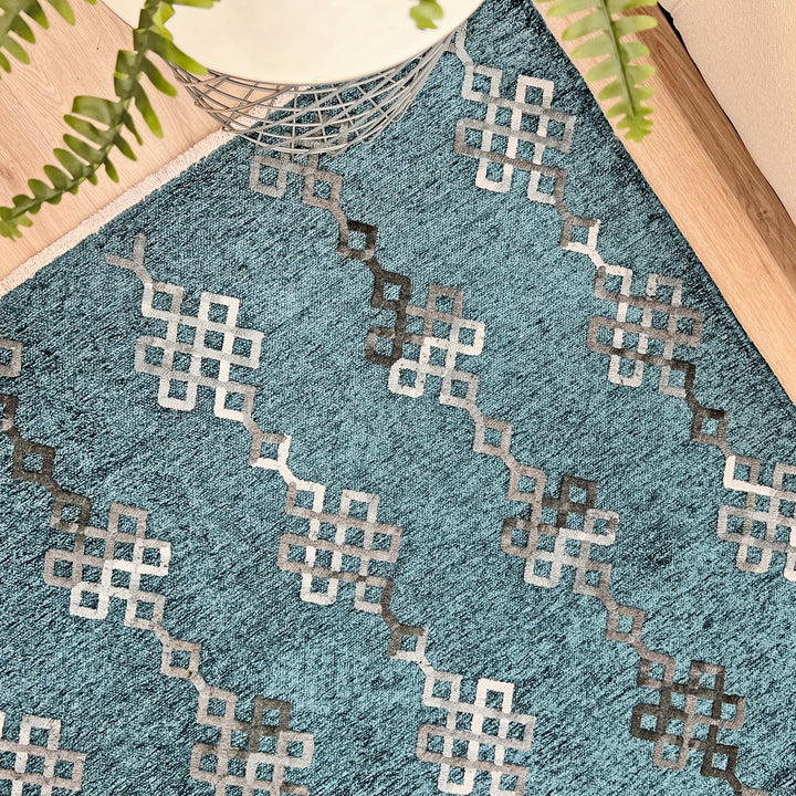 Boho Moroccan Coral Blue Washable Area Rugs