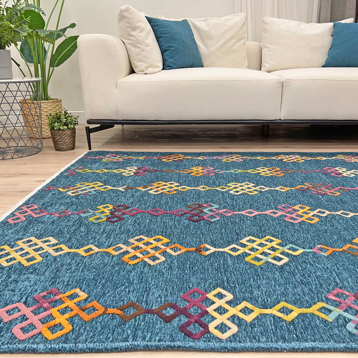 Boho Moroccan Royal Blue Washable Area Rugs