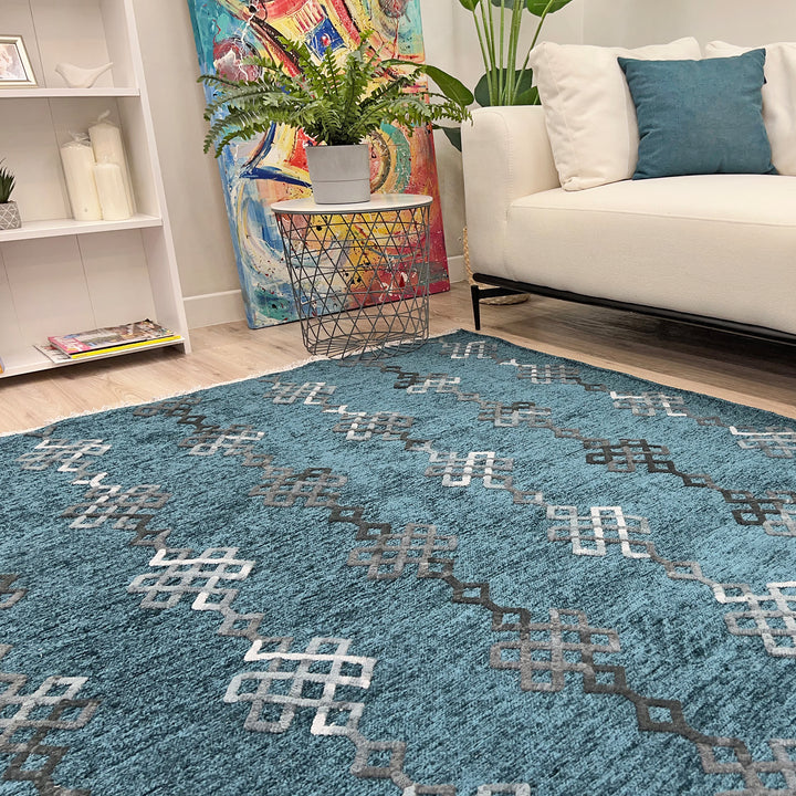 Boho Moroccan Coral Blue Washable Area Rugs