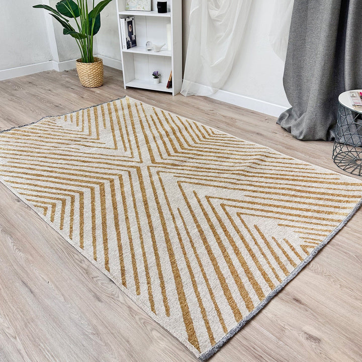 Alfa Rich geometric cream gold area rugs are cotton, pet friendly, easy to clean, foldable and machine washable, but we recommend laundromat for large sizes! It is woven. It is odorless and lint-free. It is antibacterial and antiallergic. Alfa Rich area rugs have a low pile (0.50 inches). But wait, there's more! We're also offering FREE SHIPPING, making it even easier for you to bring a touch of timeless charm into your home.