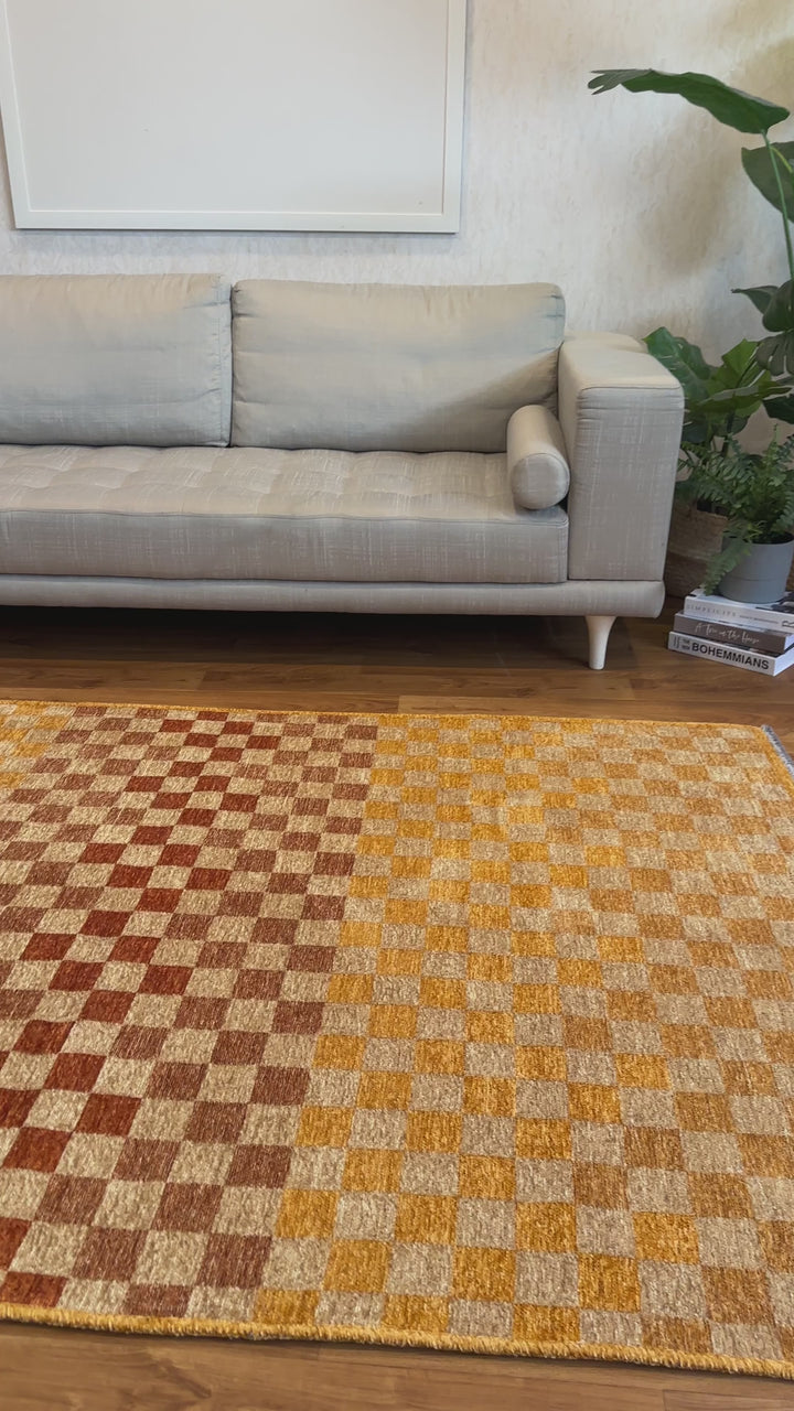 Checkered Orange Gold Cream Washable Area Rugs