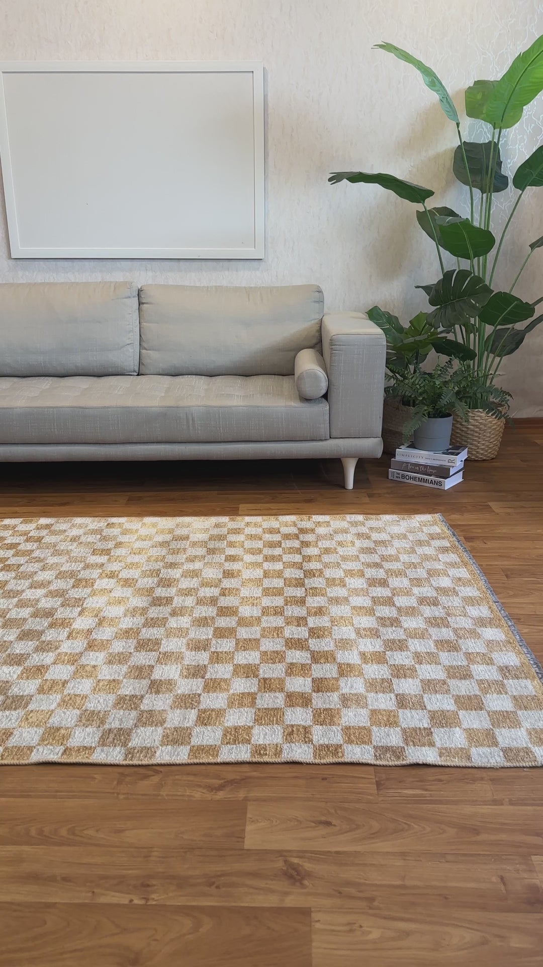 Checkered Gold Cream Washable Area Rugs