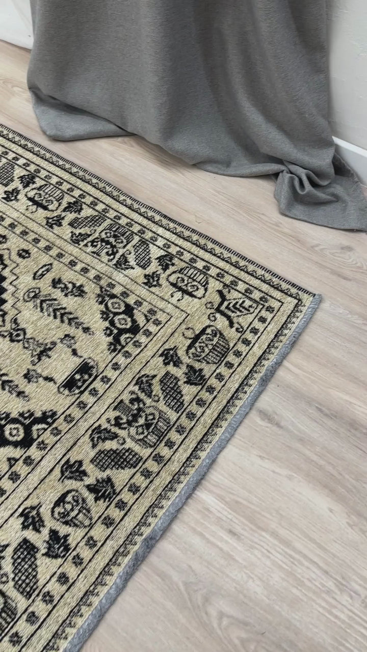 Vintage Beige Black Washable Area Rugs