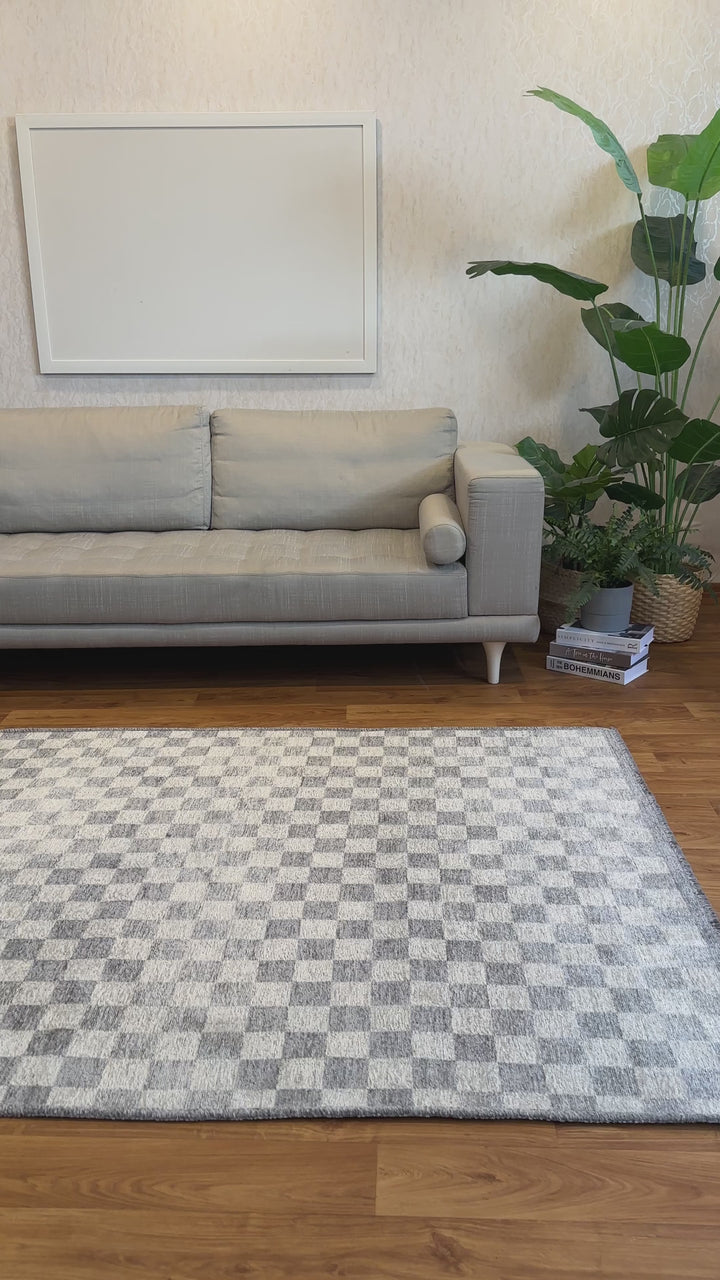 Checkered Gray White Washable Area Rugs