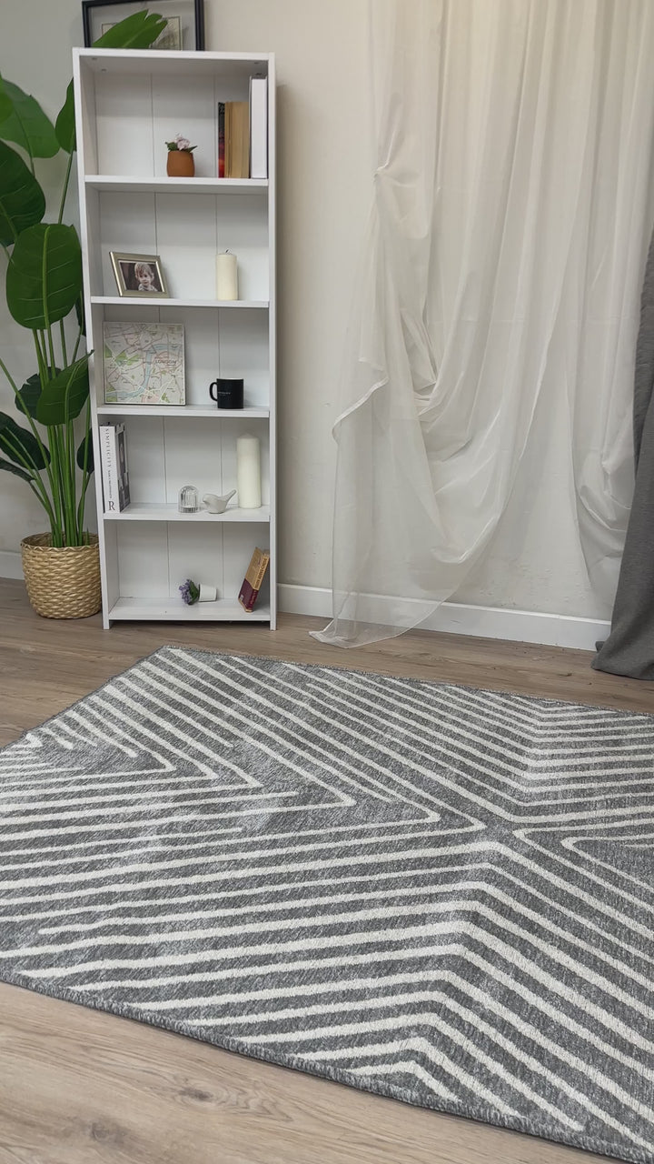 Geometric Gray Cream Washable Area Rugs