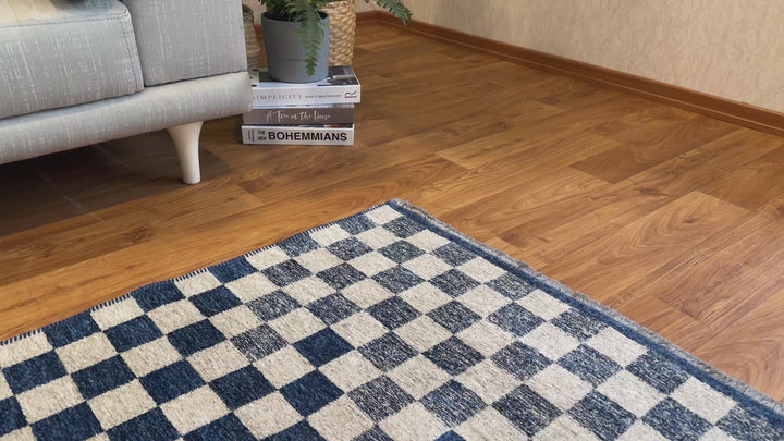 Checkered Navy Blue White Washable Area Rugs