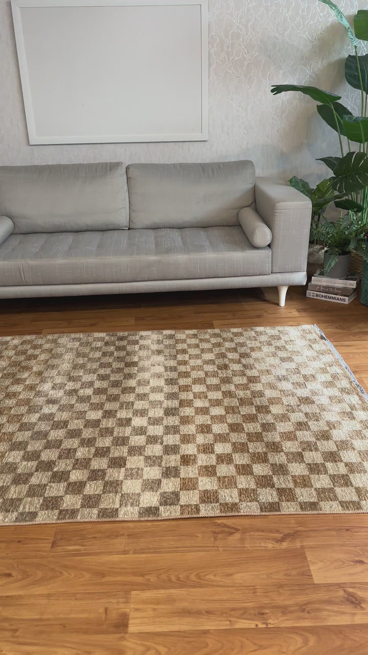 Checkered Brown Cream Washable Area Rugs