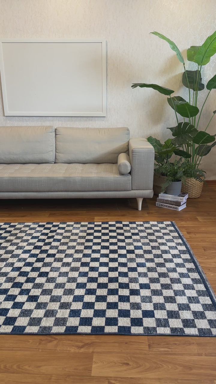 Checkered Navy Blue White Washable Area Rugs