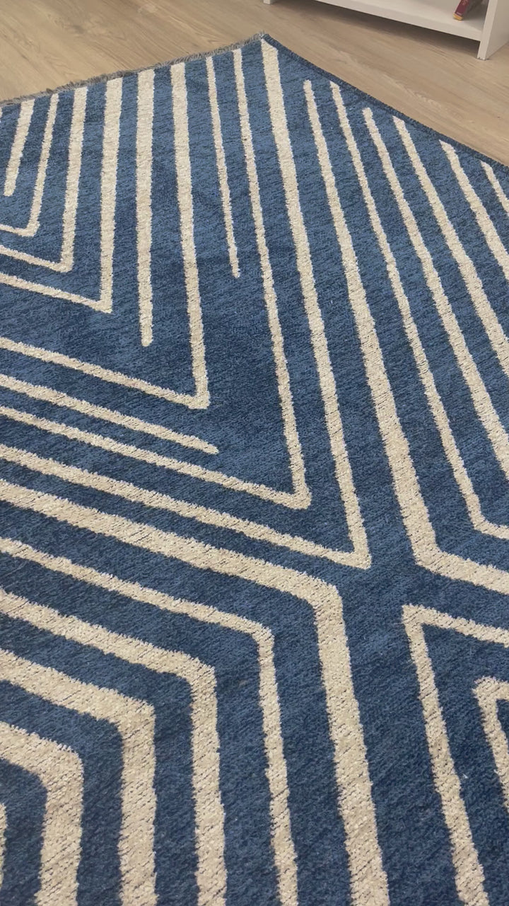 Geometric Navy Blue Cream Washable Area Rugs