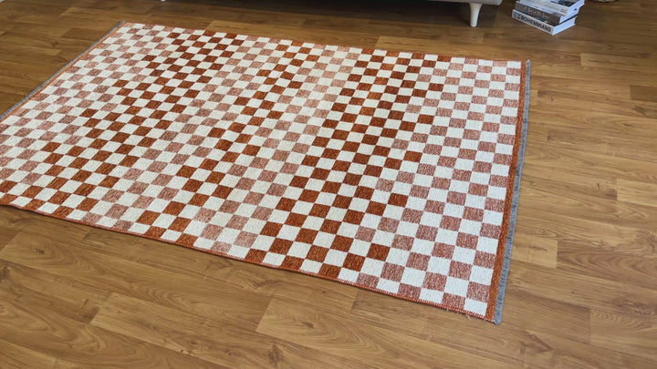 Checkered Burnt Orange Rust White Washable Area Rugs