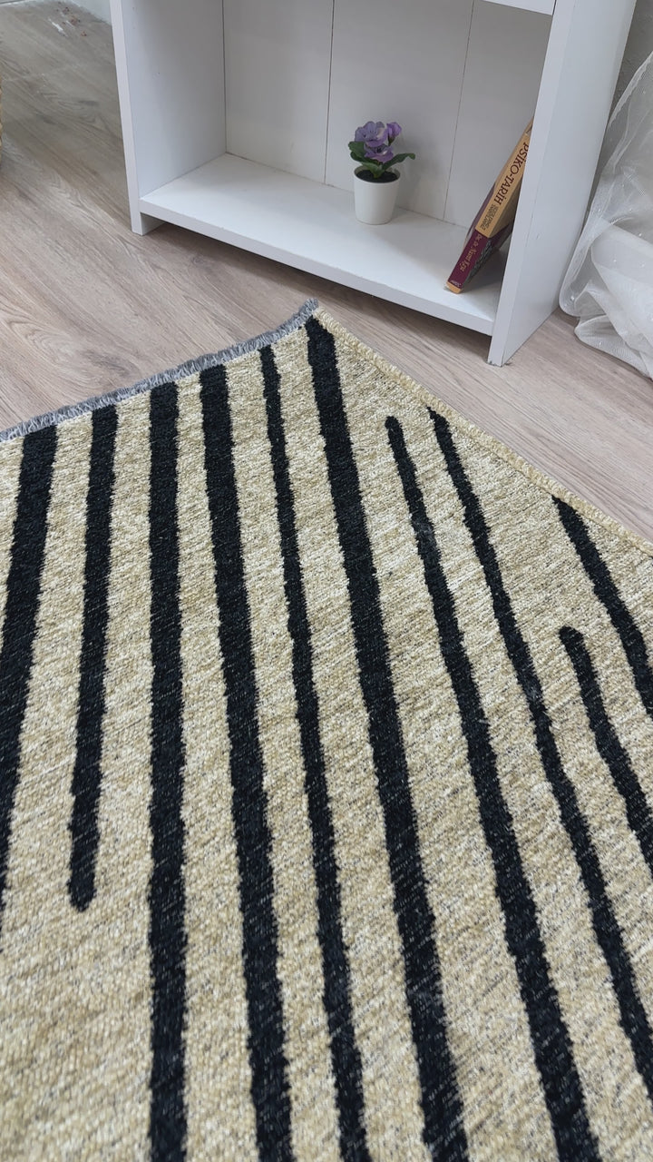 Geometric Beige Black Washable Area Rugs