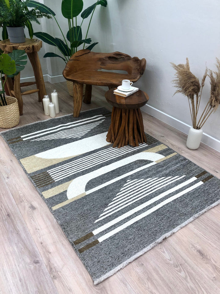 White Gray Rug, Reversible Aesthetic Boho Decor Geometric Area Rugs for Living Room Bedroom Kitchen White Gray Double Side Washable Modern